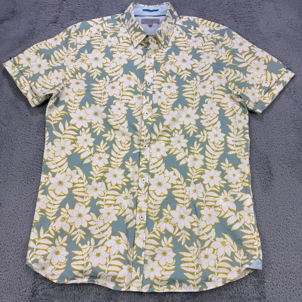 Ted Baker Hawaiian Shirt Men 4 L Yellow Floral Button Front SS